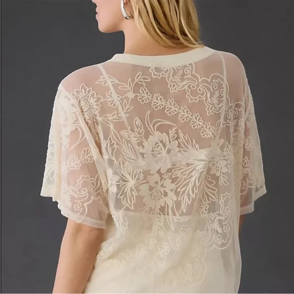 Anthropologie Embroidered Sheer Cream Lace Top - Picture 2 of 6